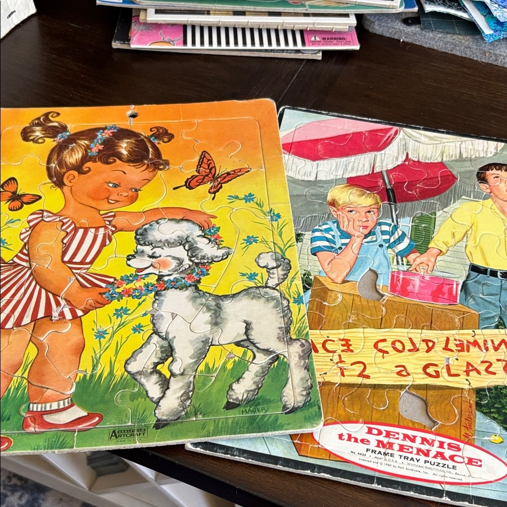Vintage Style Kids Puzzle - Girl with Poodle in Yellow & Red